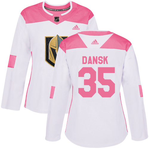 Adidas Golden Knights #35 Oscar Dansk White/Pink Authentic Fashion Women's Stitched NHL Jersey - Click Image to Close